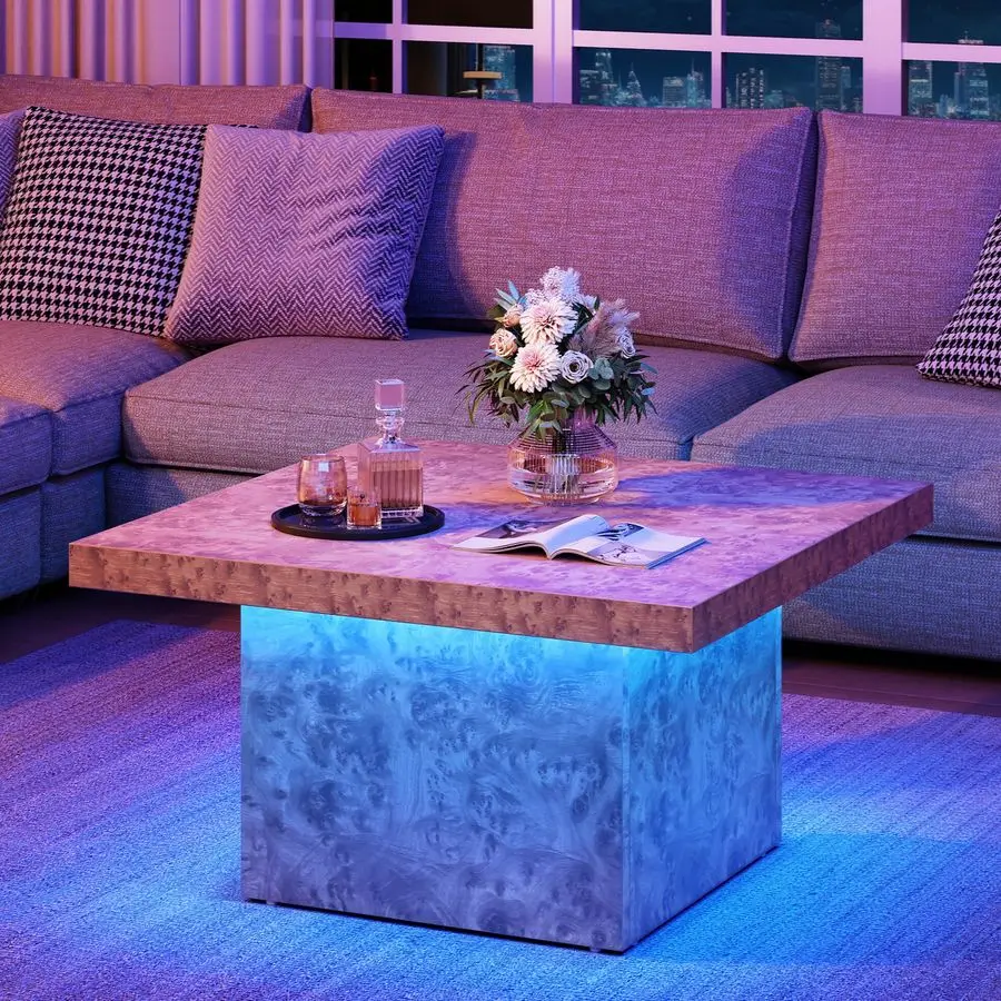 Coffee Table Square LED Coffee Table, Burl Wood Grain Tea Coffee Tables for Living Room Apartment, Modern Wooden Center Table f