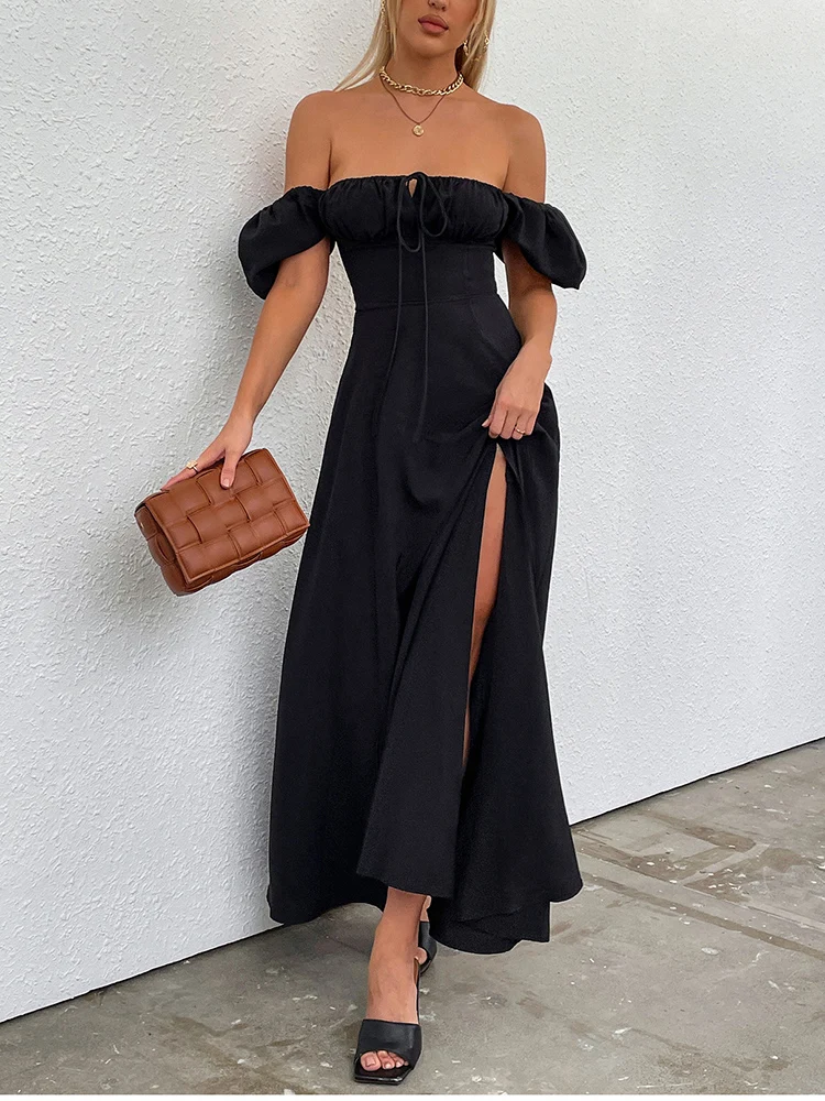 NewAsia Sweet Puff Sleeve Long Dresses Y2K Off Shoulder Cut Out Tie Up Side Split Ruched Robe Femme Summer Dress For Women