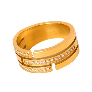 Anello a Tre Strati in Acciaio Inossidabile Marka per Donne, Anello Rotondo Placcato Oro, Accessori di Moda con Zirconi per Ragazze, Vendita all'Ingrosso
