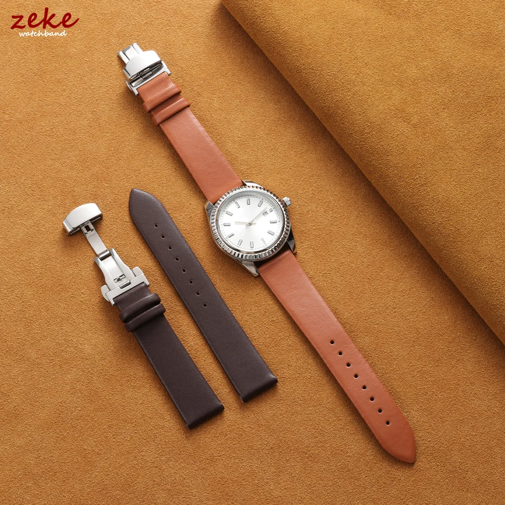 Sleek Genuine Leather Watch Band with Butterfly Buckle