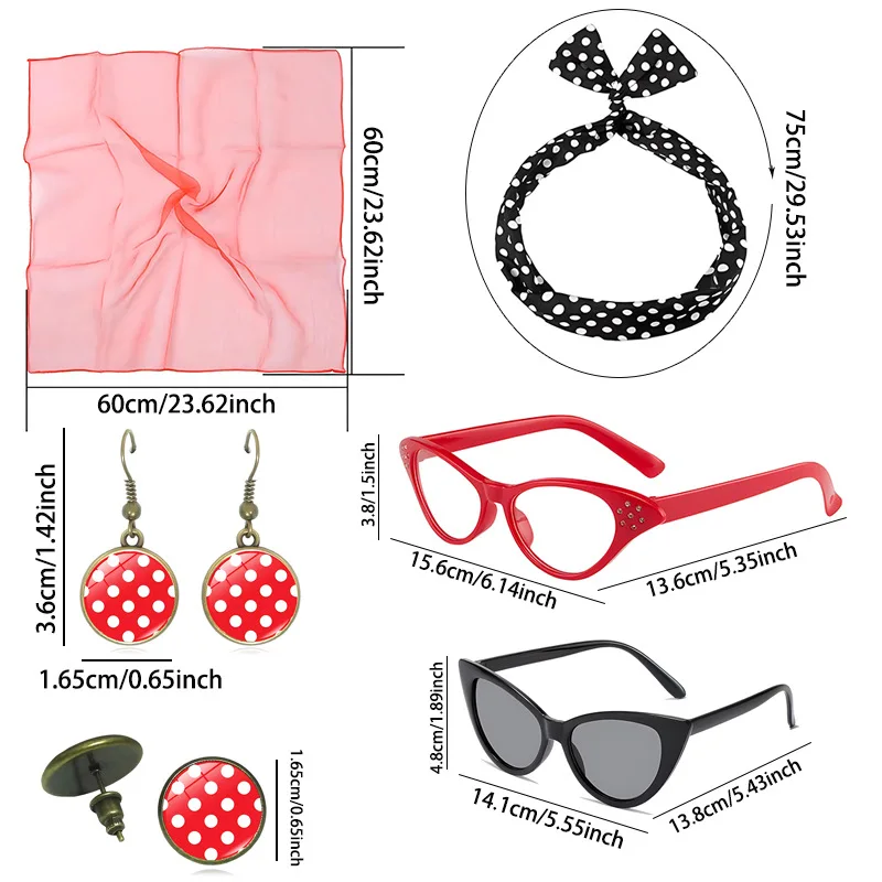 6pcs Set 1950s Costume Accessories Women Vintage Cat Eye Glasses Chiffon Scarf Polka Dot Earrings and Headband - 6