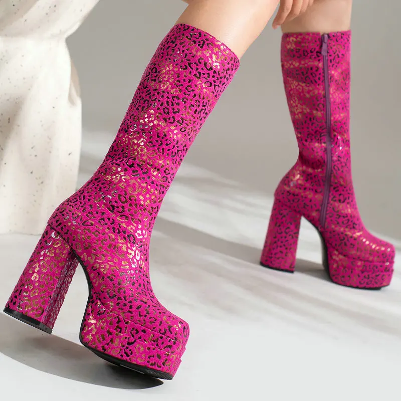 

Gold Heat Print Square Toe Rose Platform Shoes Block High Heels Women Sexy Mid-calf Ladies Stretch Boots For Big Feet 48 49 50
