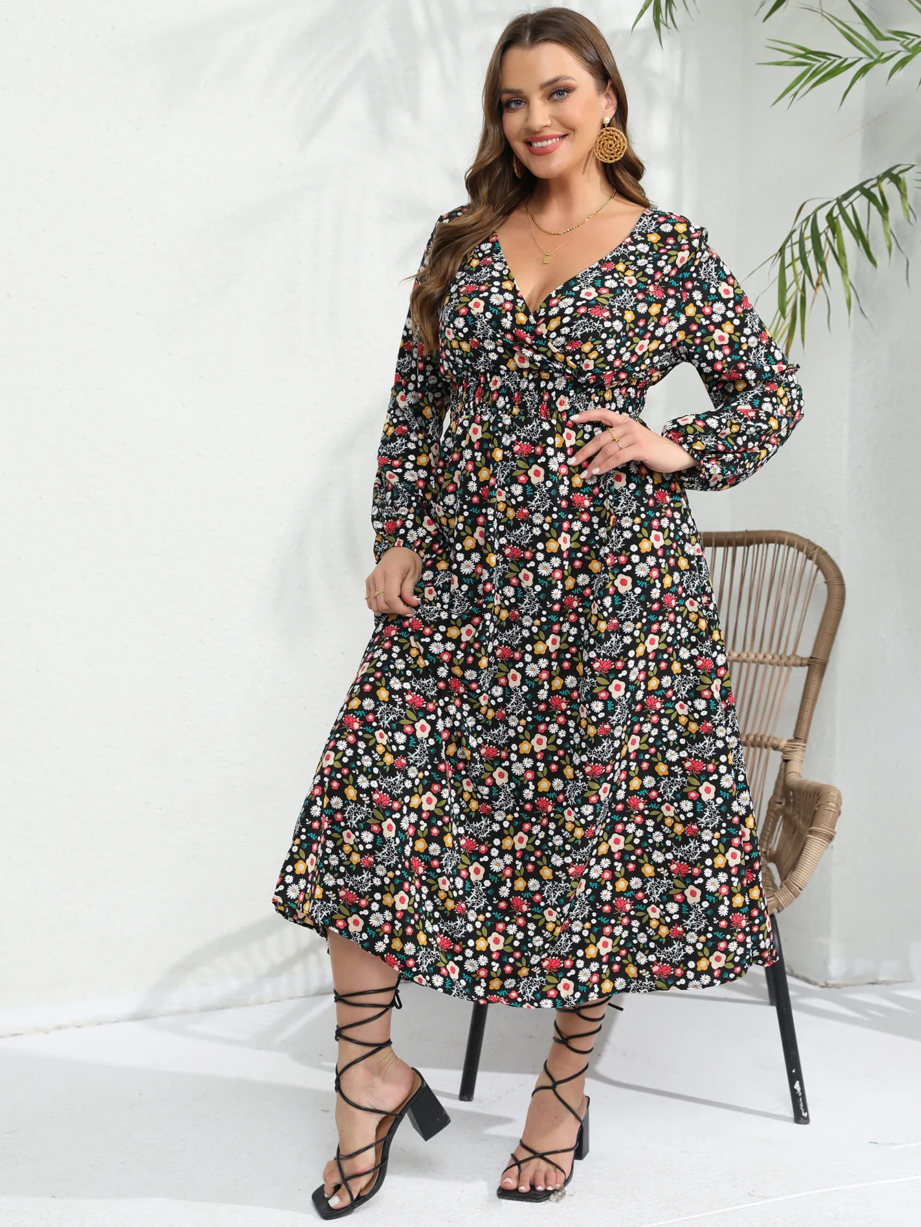 

KikiMix Elegant Black Women's Dress Deep V Neck Lantern Sleeve Dresses Casual Clothing Floral Print Autumn Robe