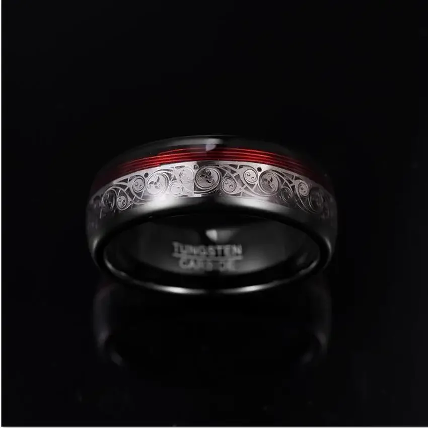 NUNCAD 8mm Wide Tungsten Steel Ring Plating Black Inlay Triple Spiral Pattern+Red Guitar String Tungsten Carbide Ring