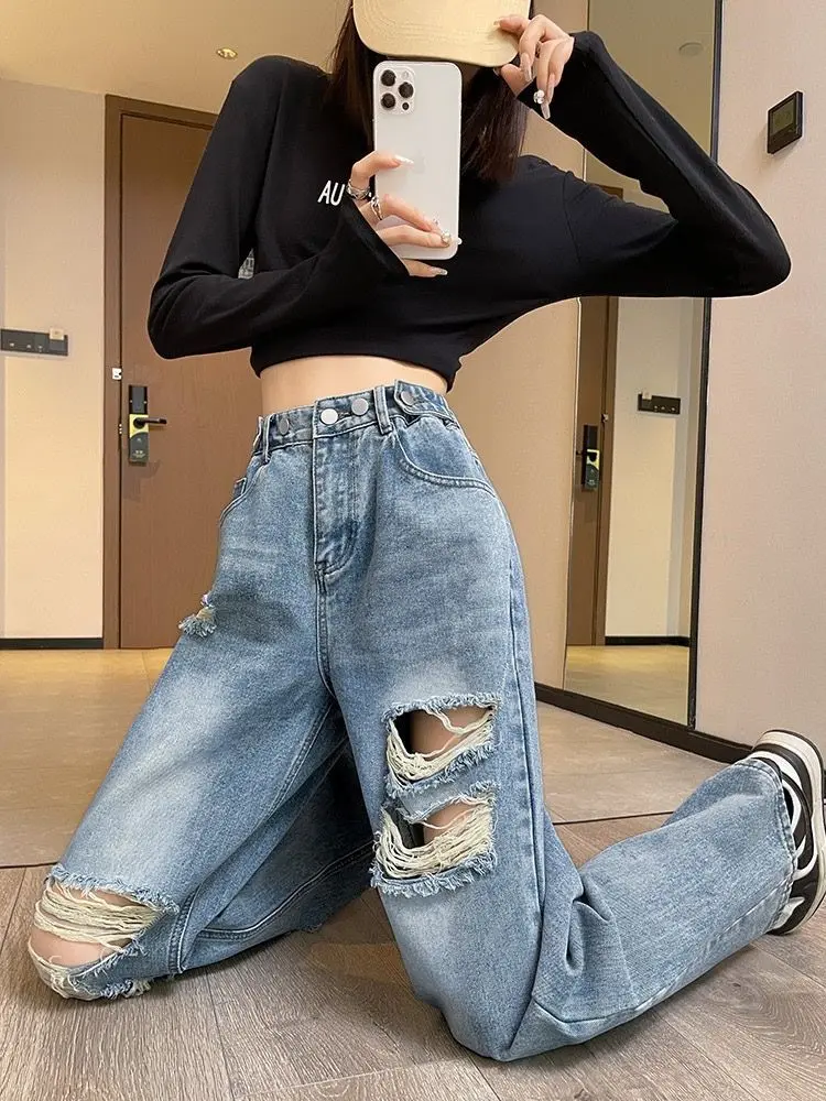 

Beggar Knee Big Hole Ripped Distressed Jeans For Women High Waist Jean Destroyed Denims Trousers Woman Broken Denim Pants A206