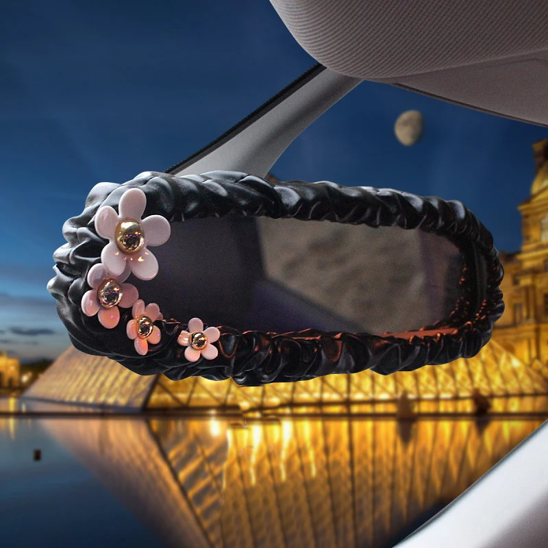 Crystal Daisy Car Interior Accessories Rear View Mirror Cover Leather Auto Rearview Mirror Cover Decoration For Women and Girls