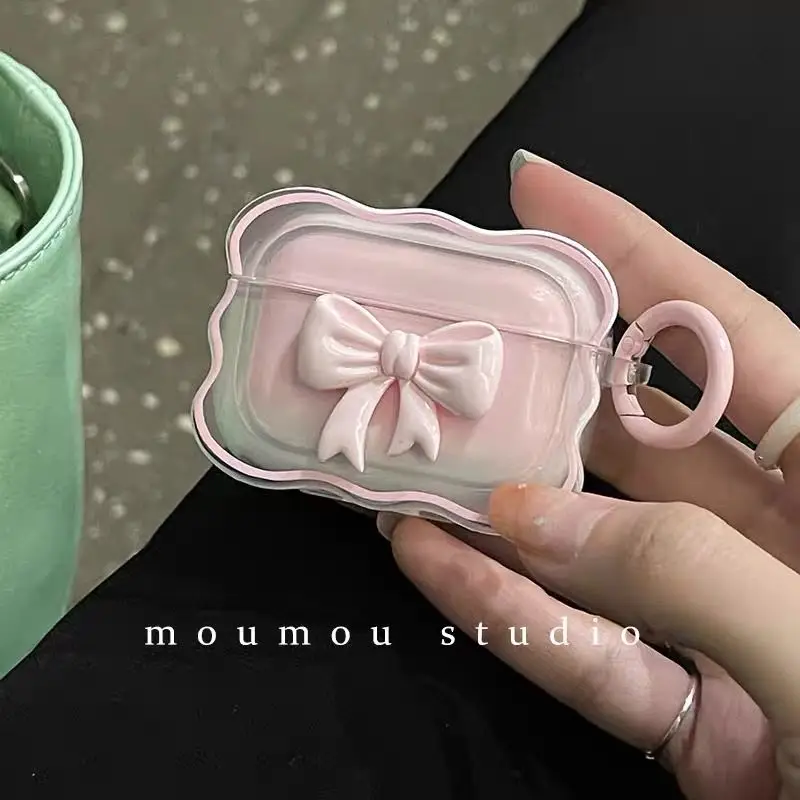 Pink Floral Bow Wave 3D Case with Keychain for Wireless Earbud Charging Cases