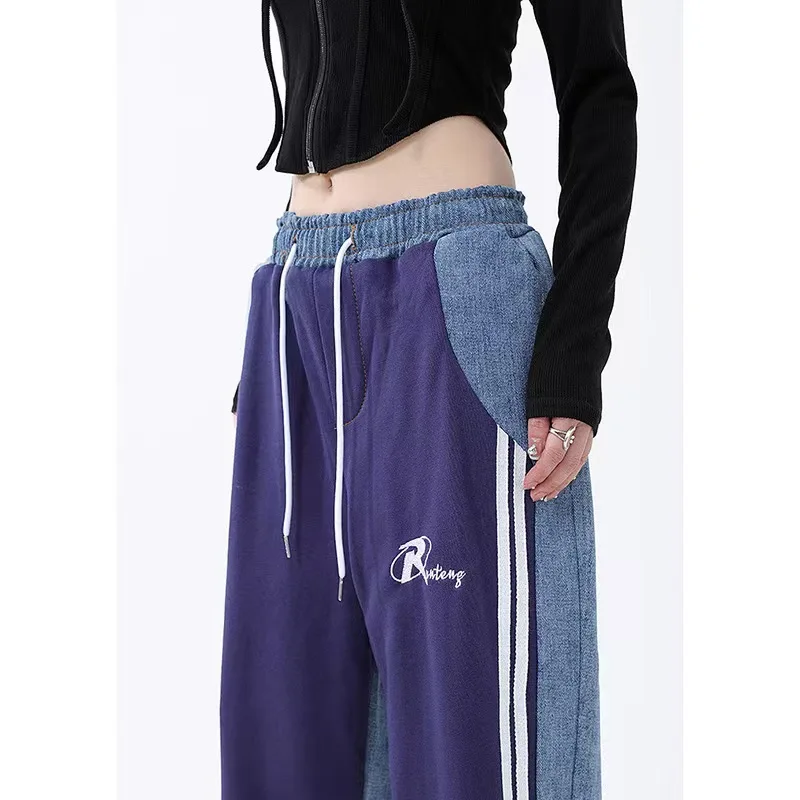 Women Early Spring High Waist Contrast Color Drawstring Tie Up Sweatpants High Street Wide Leg Straight Cylinder Lady Trousers_voghion.com