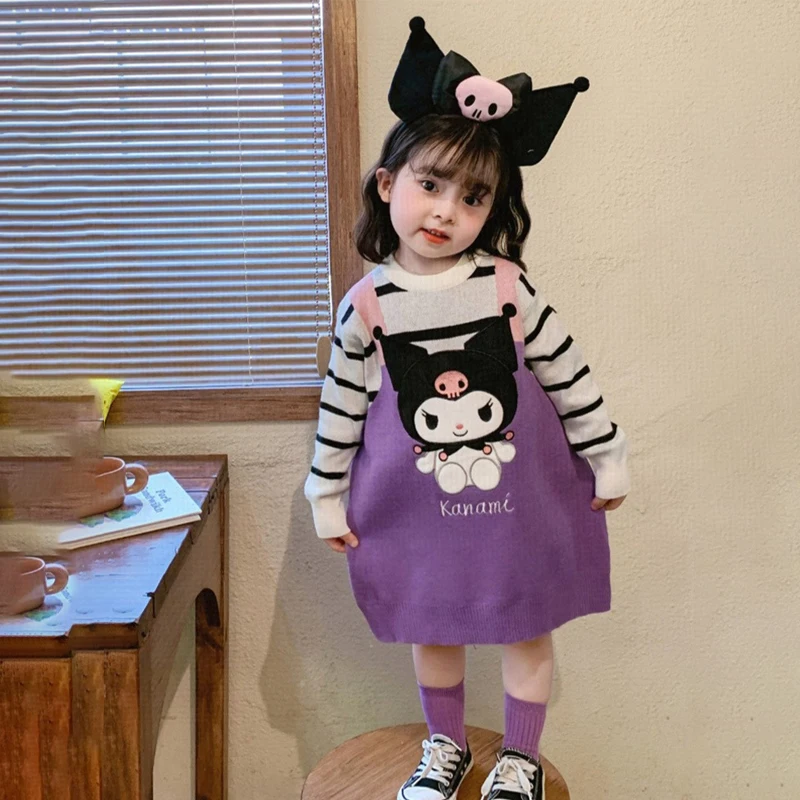 

Трикотажное платье для девочек, милое и милое Хлопковое платье-свитер из двух частей в стиле аниме Sanrio Kuromi, Осень-зима