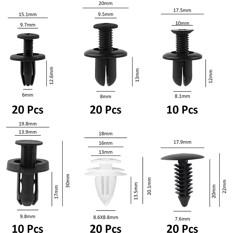 6 Sizes Auto Fastener Clip Plastic Clips Fasten Bumper Door Trim Fitting Disassembly Tool Remove Retain Rivets For Cars 100pcs