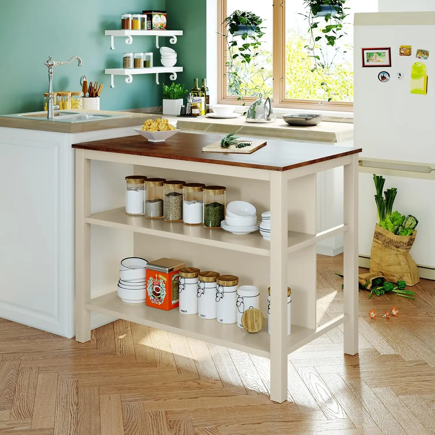 3-Piece Kitchen Island Set with 2 Stools and 2 Shelves, Rustic Rubber Wood Dining Set Prep Table with Open Shelves