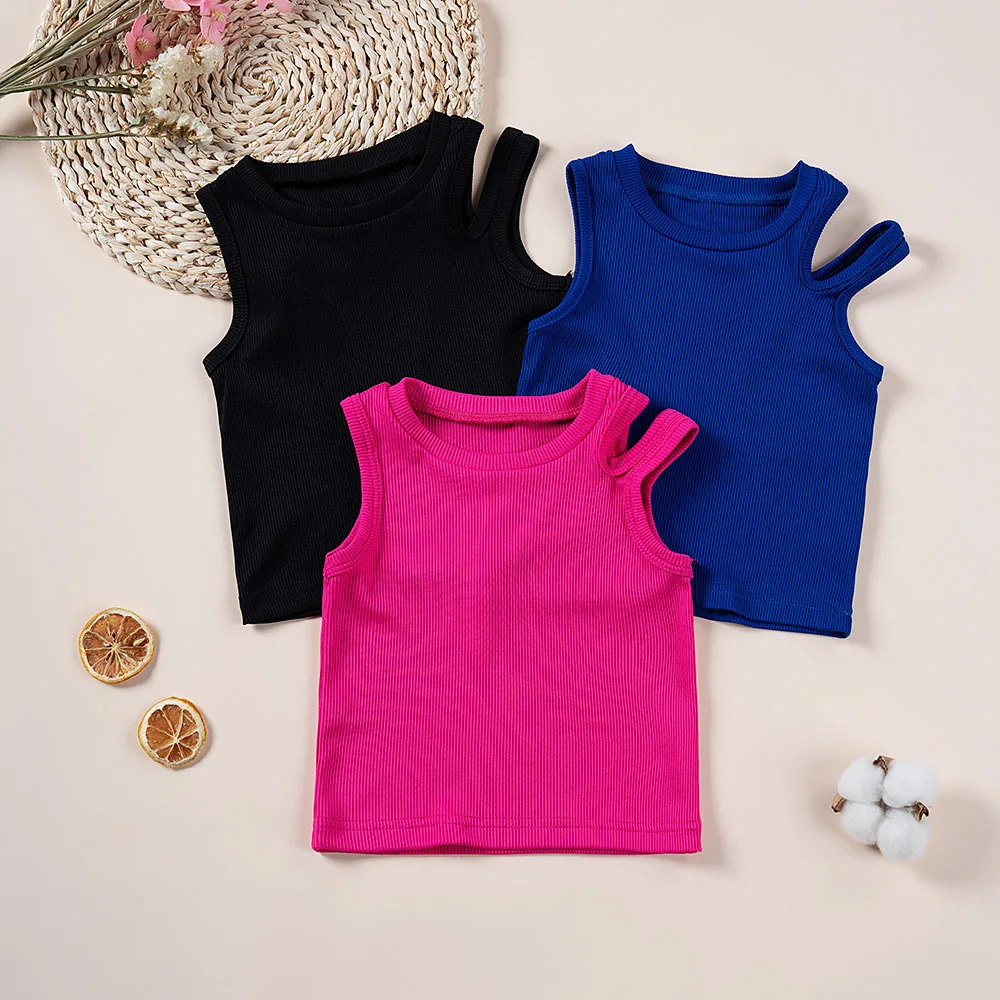 3pcs Summer Girls Tops Clothes Solid Color One Shoulder Round Neck Fashion Vest Design Camisole Fabric Comfortable Skin-friendly