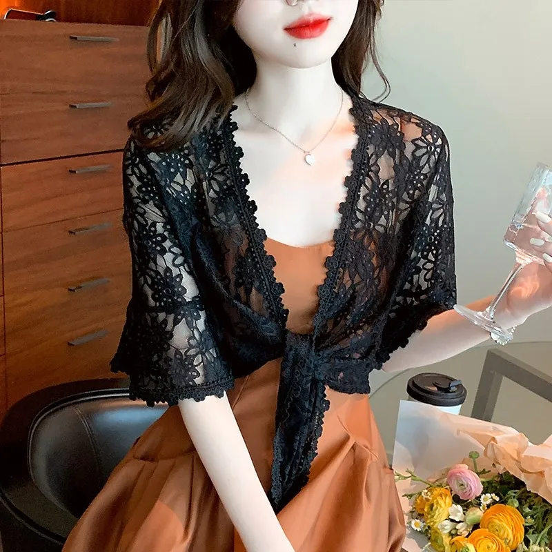 3511 블랙 화이트 베이지 랩 레이스 기모노 재킷, 얇은 레이스 자외선 차단 코트, 여성용 반팔 가디건, 겉옷 시스루