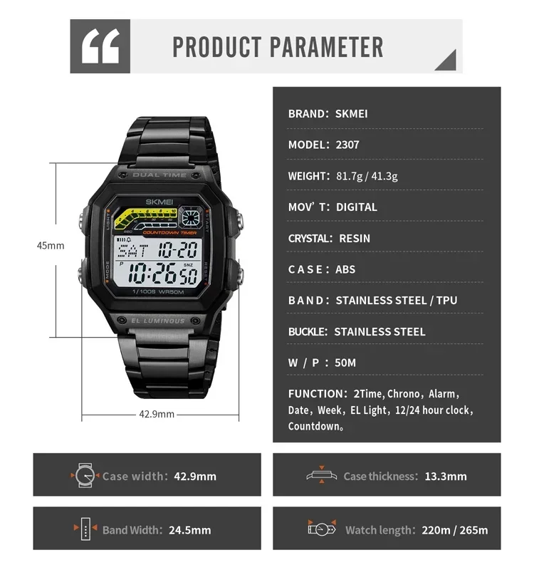 SKMEI 2307 Luxury Countdown LED Display Stainless Steel Mens Wristwatches Waterproof Sports Digital Watch for Men Shockproof