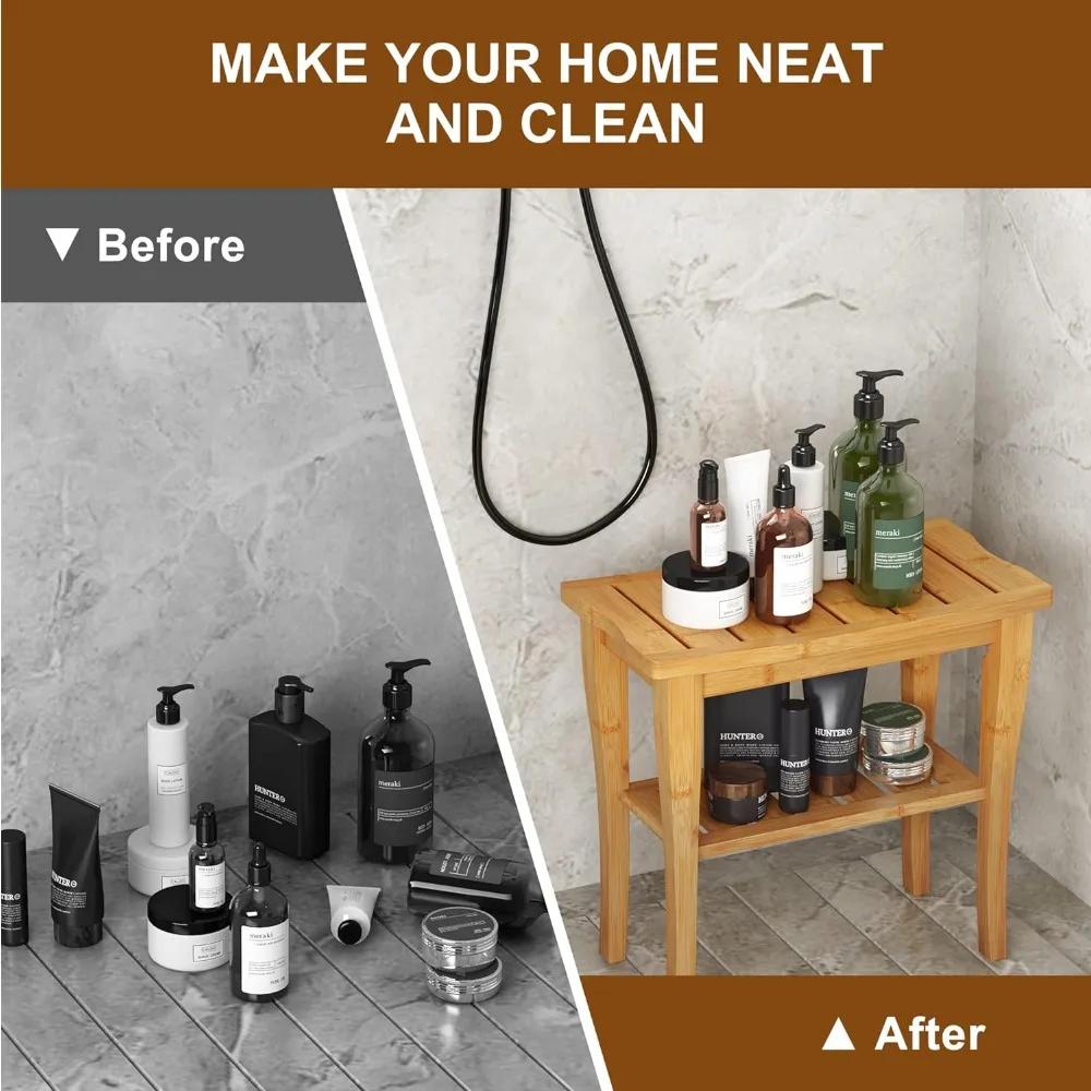 Bamboo Shower Bench 2-Tier Spa Stool for Inside Shower with Storage Shelf and Non-Slip Feet Chair Seat Organizer