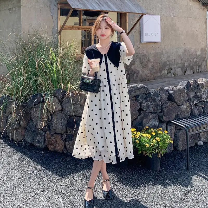 

Women 2023 Summer Dress Large Doll Neck Polka Dot Temperament Gentle Reducing Age Covering Belly French A-line Skirt