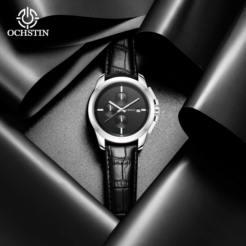 OCHSTIN Multi-functional Quartz Watch Leather Strap All-in-one Calendar Watch Clock Chronograph Quartz Mens Watch