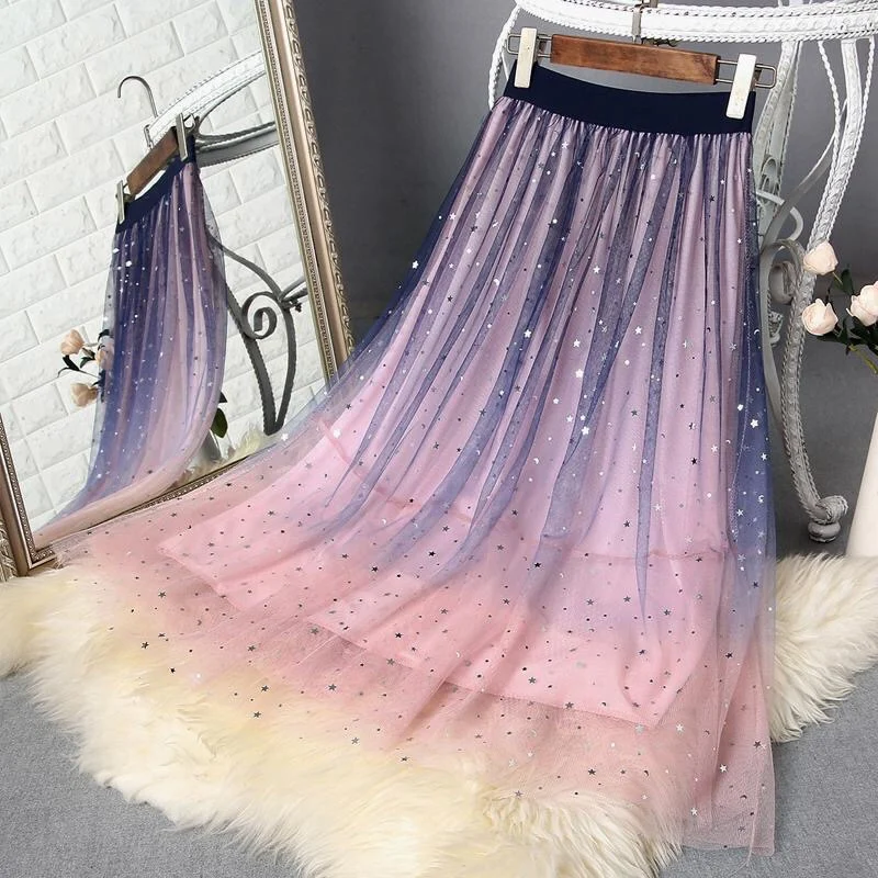 

2023 Korean Fashion Sequins Pink Gradient Chiffon Long Skirt Women Girls Summer Sweet Elegant Midiskirt Elastic High Waist Skirt