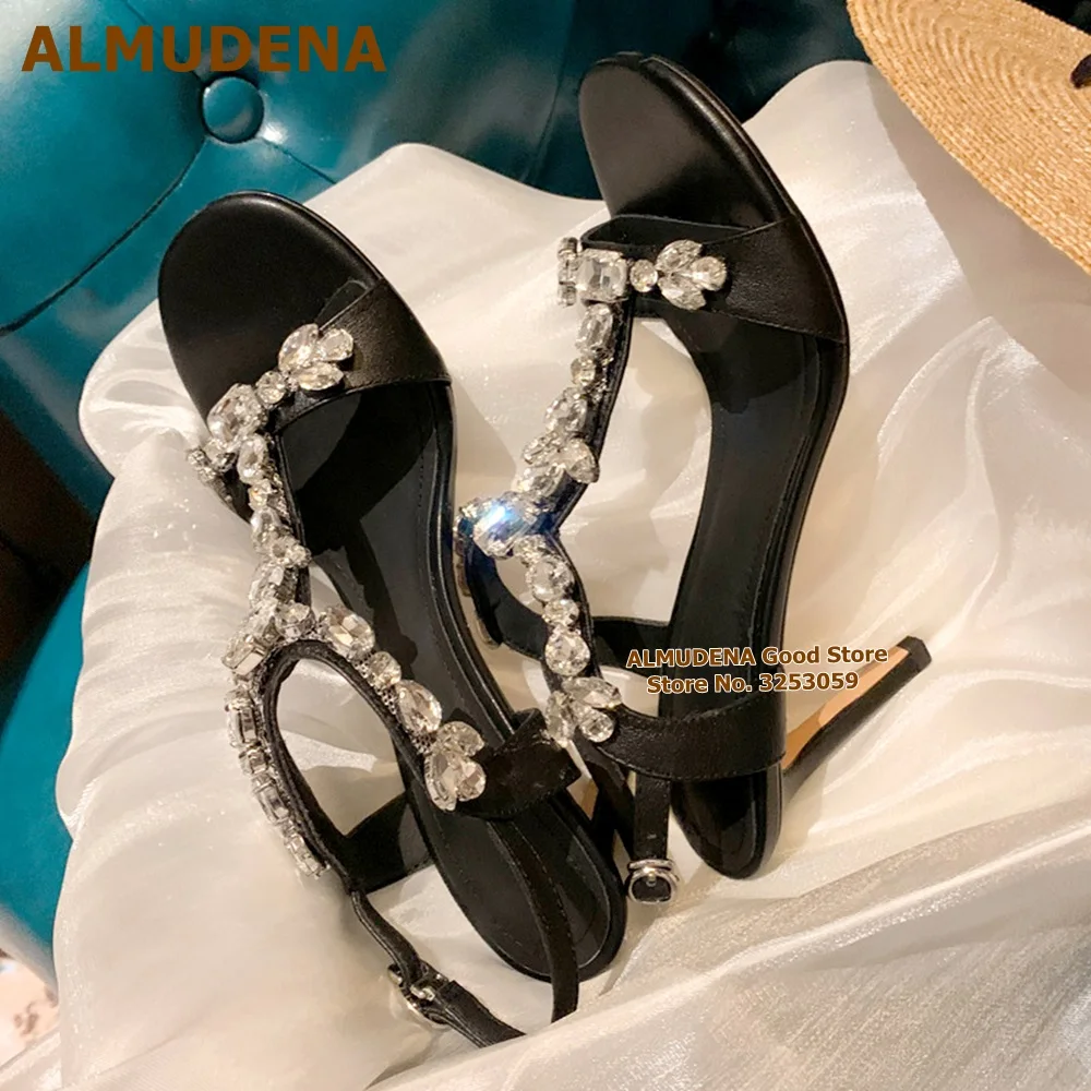 

ALMUDENA Sparkly Crystal T-Strap High Heel Sandals Bling Bling String Beaded Gem Floral Wedding Shoes Glitter Rhinestone Pumps