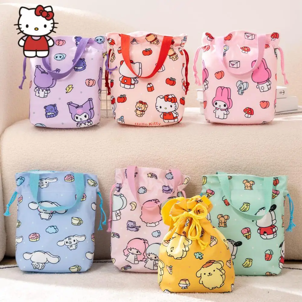 

Cute Cartoon MINISO Hello Kitty Canvas Bag My Melody Cinnamoroll Handbag Storage Bag Shopping Bag Pockets Drawstring Lunch Bag