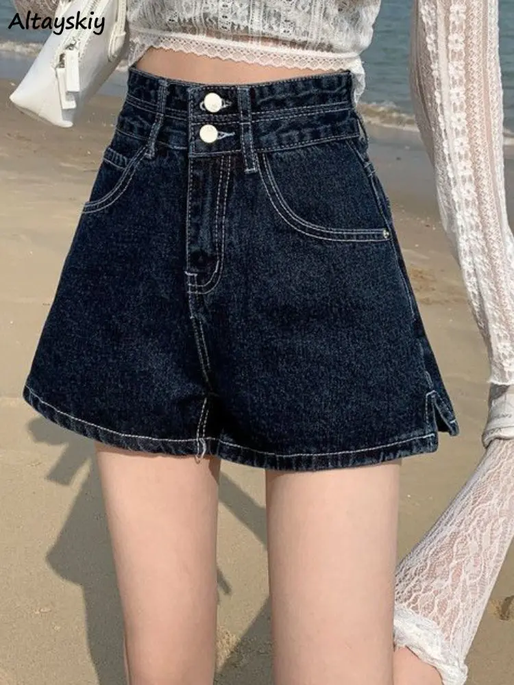

Denim Shorts Women Solid Summer Simple High Waist Loose Ulzzang Casual Fashion Streetwear Female All-match Vintage Slit Popular