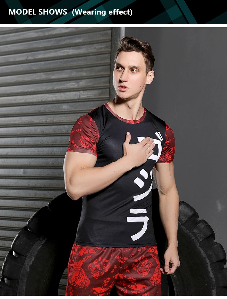 Hochwertiges schwarzes Kompressionsshirt für Herren, auffälliges rotes und weißes Design für Fitnessbegeisterte – Detail 8
