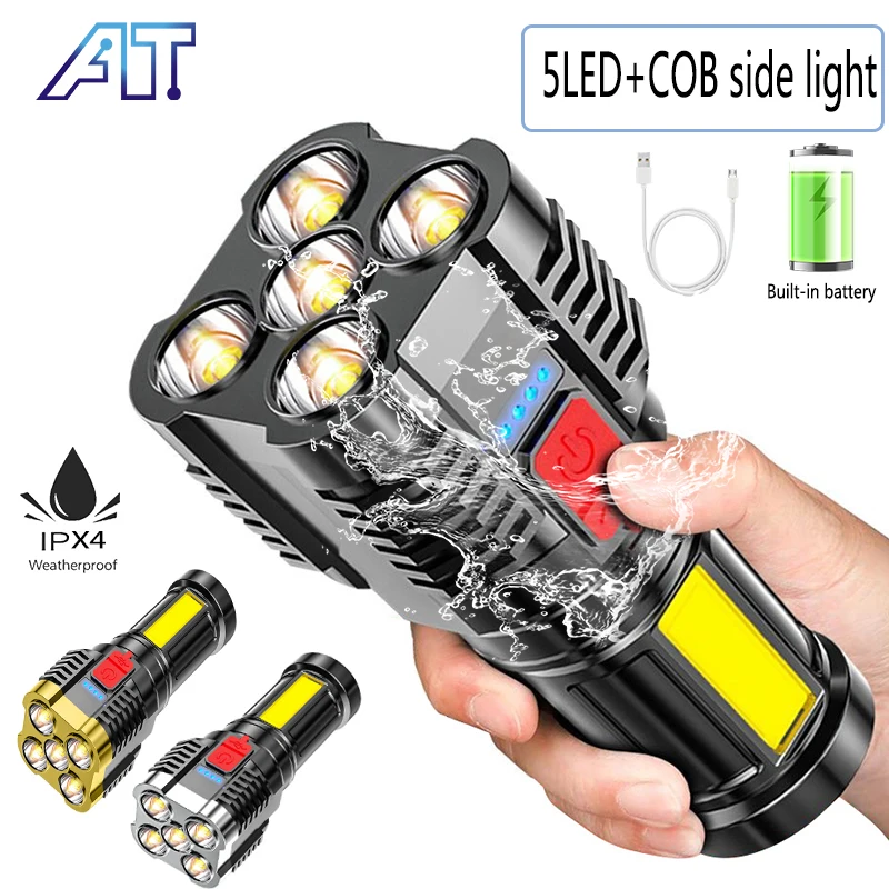 

5LED Flashlight Powerful COB Lantern USB Rechargeable Work Light Hiking Night Fishing Self Defence Camping High Brightness Torch