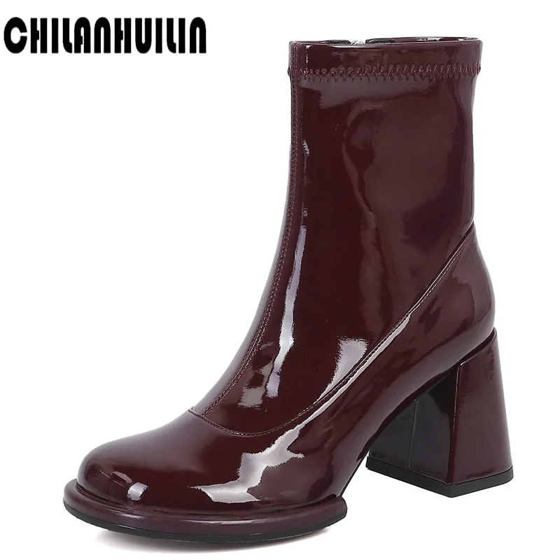 

autumn winter shoes patent leather ankle boots for women round toe high heel handmade female booties outdoor shoes botas mujer