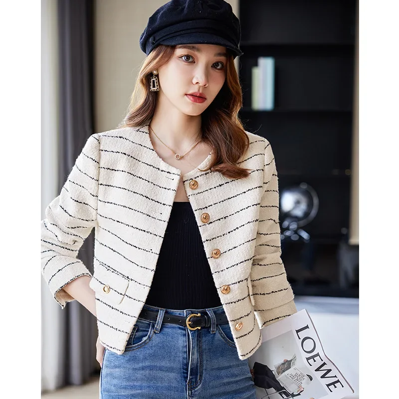 High quality short blazer for women striped jacket single breasted wool blend spring 2024 elegant fashion clothes - white