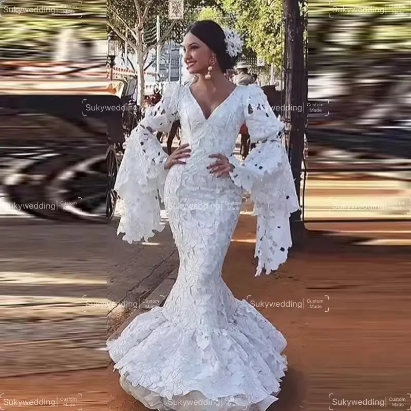 Crochet Lace Floral Ruffles Flamenco Mermaid Spain Prom Dresses Fairy Long Sleeve Vintage Bottom Evening Gown Outfit customsized