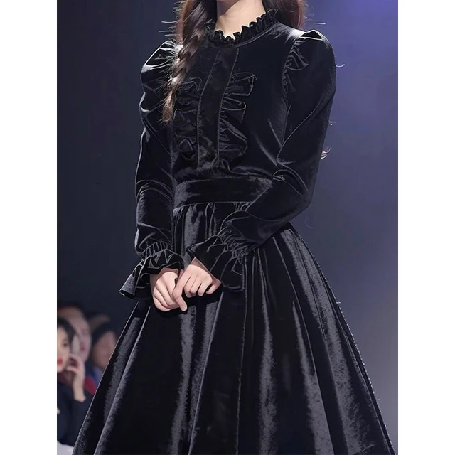 女性のための黒のベルベットドレス,長袖,ゴシックスタイル,カジュアル  