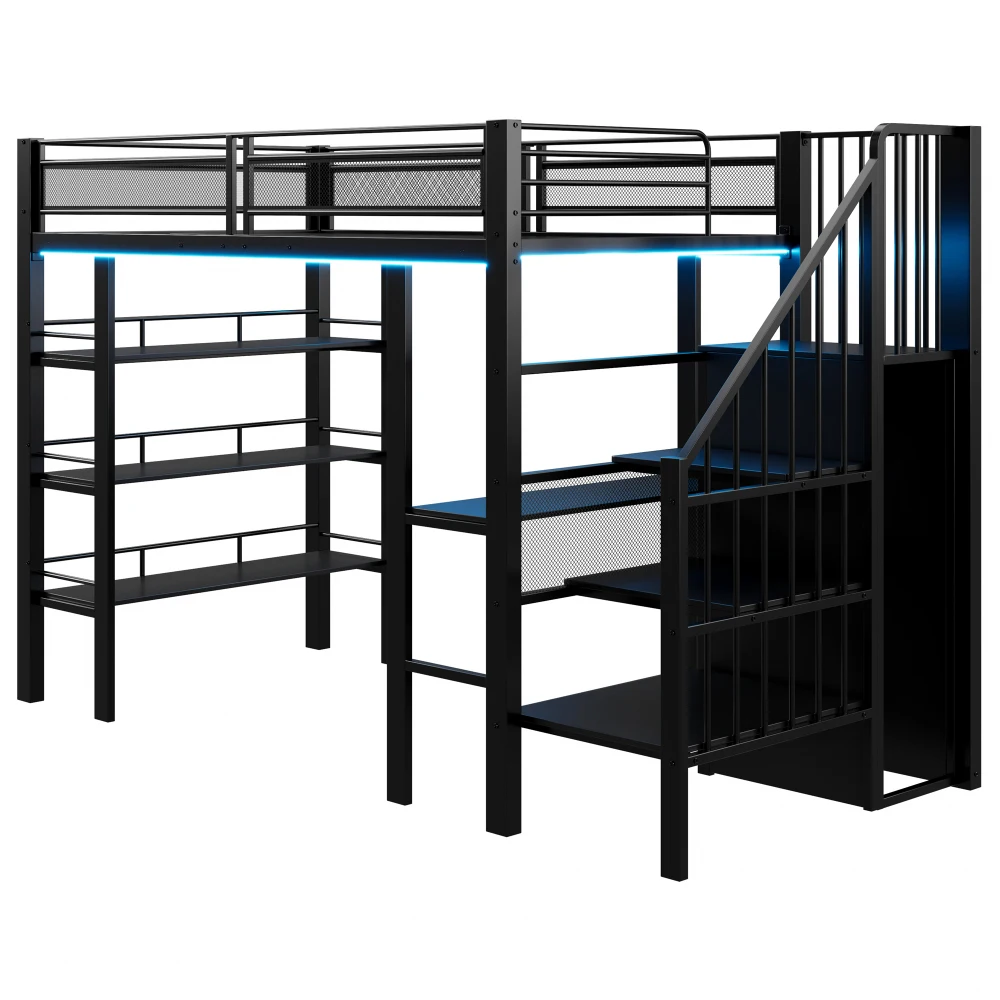 90x200cm Hochbett, mit LED-Lichtleiste und Steckdose, Schmiedeeisernes Bett mit Stauraum und Bücherregal, Einzelbett – Detail 13