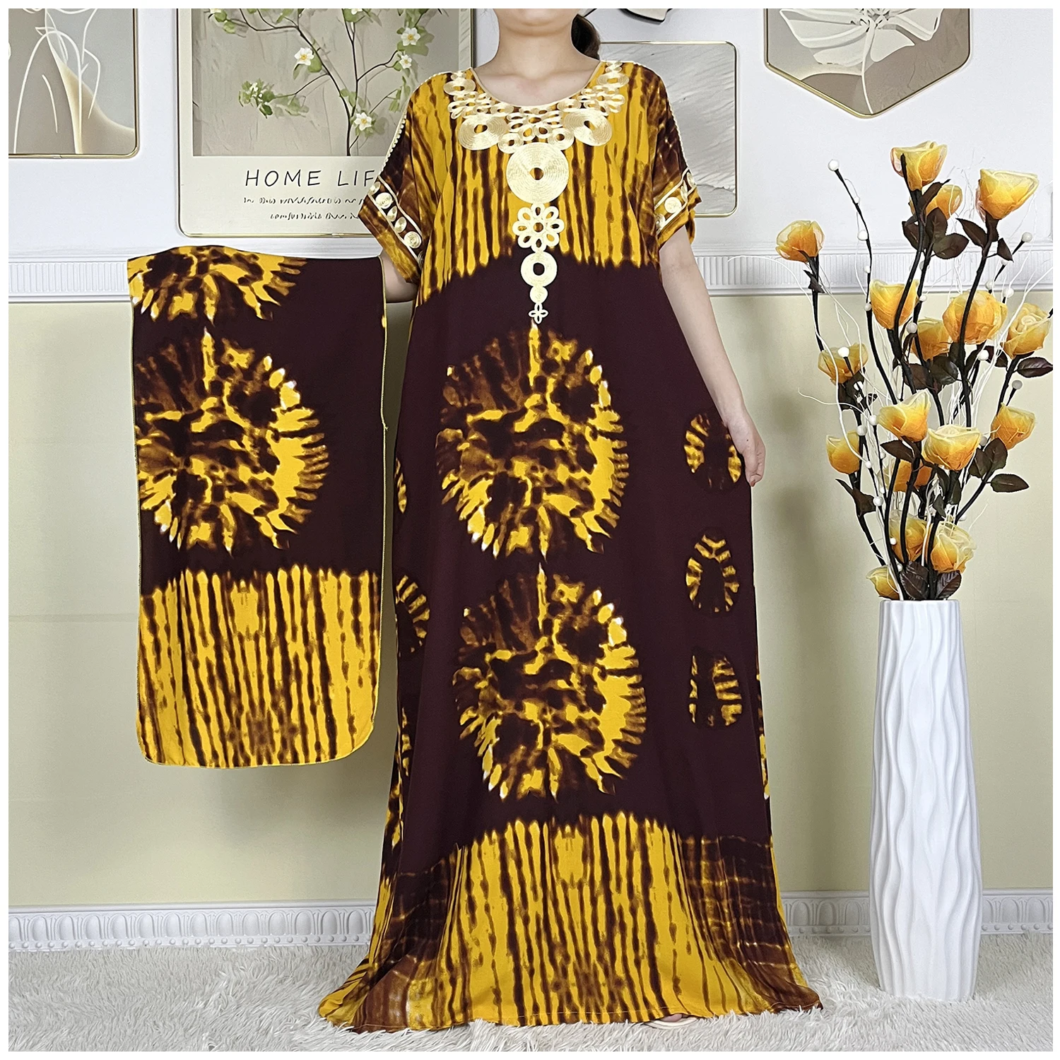 2024 New African Abaya Women Dashiki Evening Dress Pure Cotton Printing Loose Maxi Dubai Islamic Short Sleeve Femme Elegant Robe