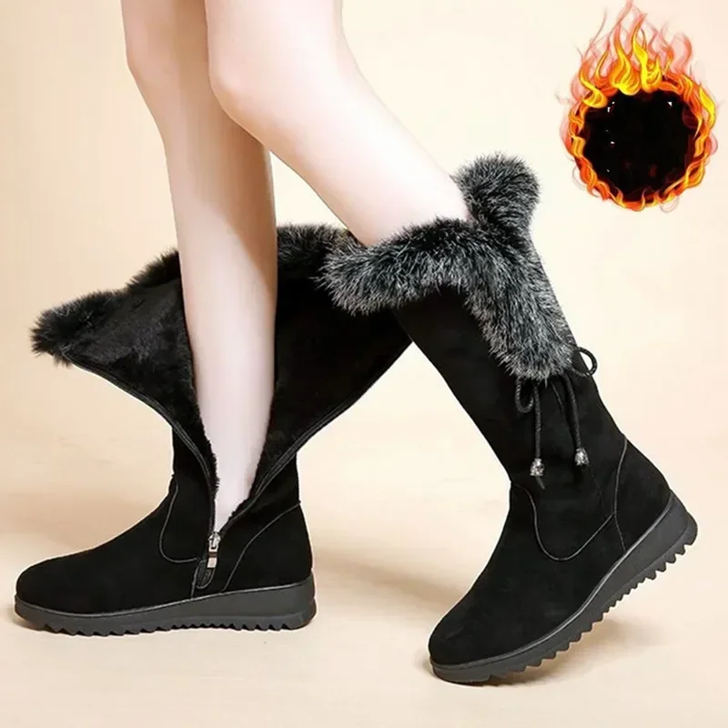 

Winter Fur Snow Boots Women 2024 New Zip Warm Non-slip Long Cotton Boots Women Flat Comfy Suede Plush Women Boots Botas Mujer