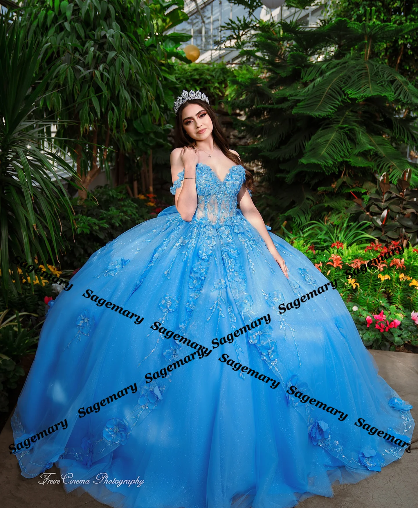 Sagemary Tulle Quinceanera Dresses for Teens Off the Shoulder Appliques Ball Gown Bow Robe Princess