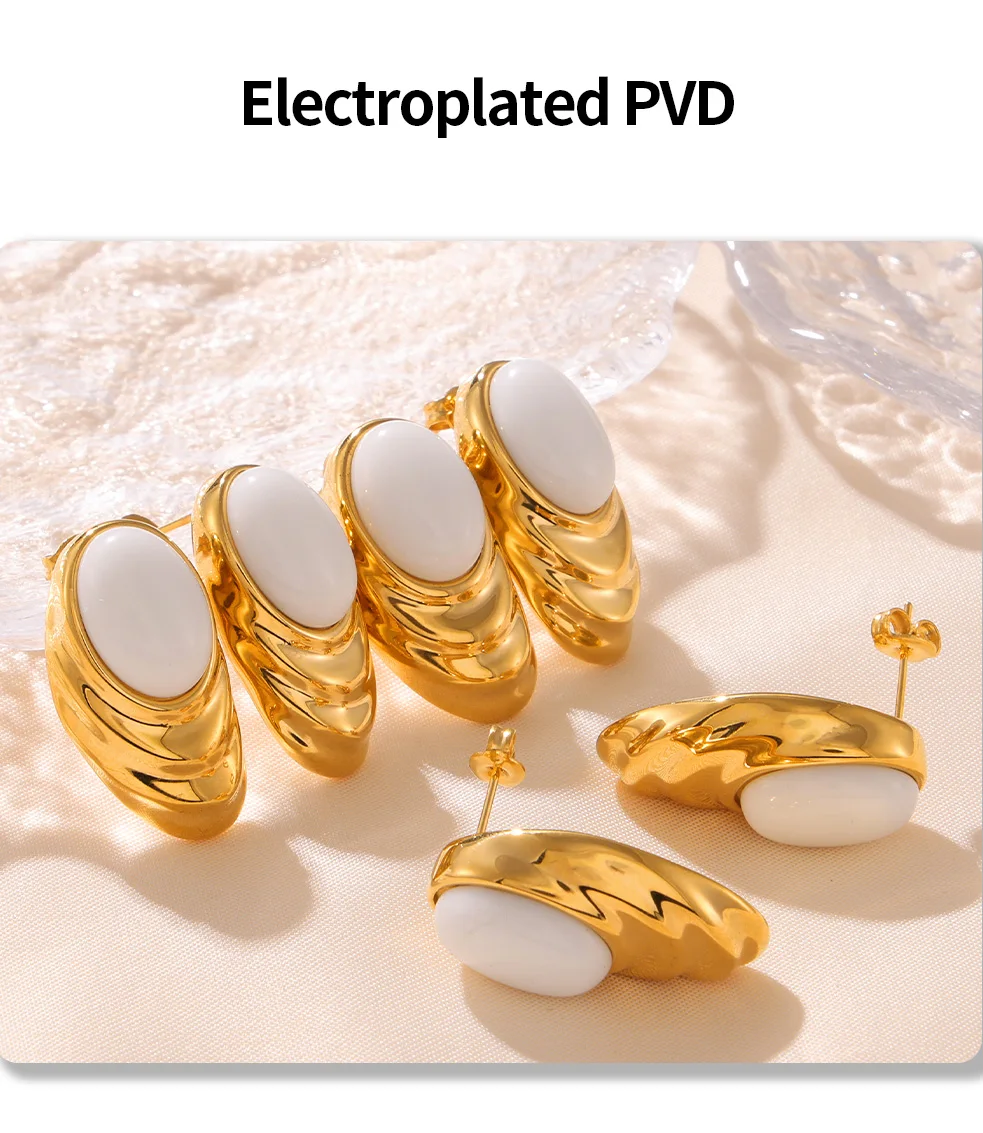 Modische Weiße Naturstein-Ohrringe für Damen, Edelstahl PVD-Vergoldete Ovale Ohrringe, Vintage-Schmuck-Accessoires – Detail 5