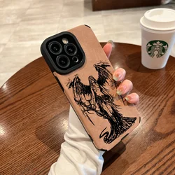 Elegant Black Angel Demon Suede Leather Silicone Phone Case - Luxury Soft Cover - iPhone 13 Pro Max (Brown)