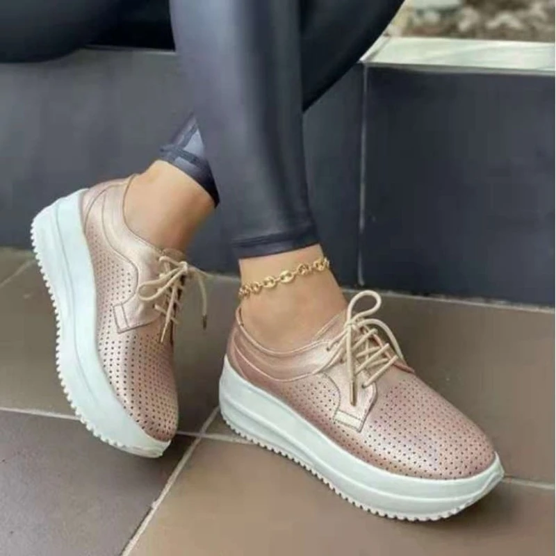2021 Women's Shoes Fashion Casual Solid Color Hollow Breathable Round Toe Strap Flat-heeled Platform Comfortable Sneakers Mujer