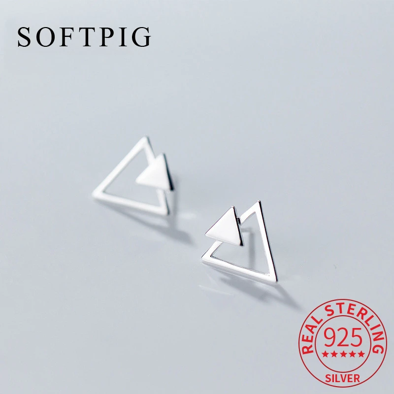 SOFTPIG OL Geometric Triangle Stud Earrings Real 925 Sterling Silver For Women Engagement Fine Jewelry Fashion Accessories Gift