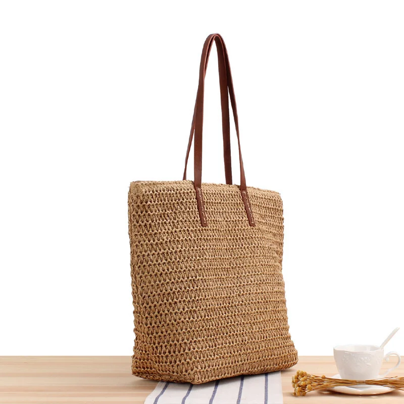 Handmade Woven Straw Bag Minimalist Style Shoulder Bag Seaside Vacation Beach Bag Fashionable Commuting Bag Casual