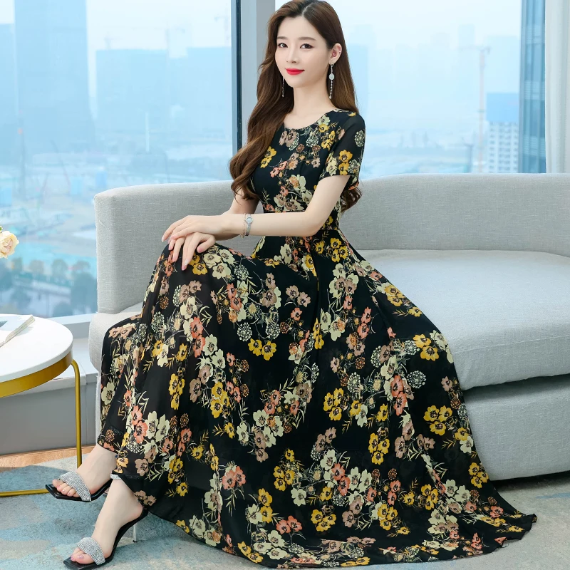 

Summer Floral Chiffon Casual Boho Beach Sundress Women Vintage Party Maxi Vestidos 2023 Elegant Bodycon Short Sleeve Midi Dress