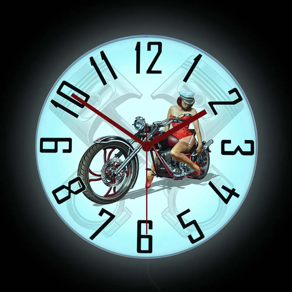Pin-Up Dziewczyna Na Motocyklu Z Podświetleniem Led Zegar Ścienny Garaż Wyświetlacz Znak Klasyczny Rowerzysta Skrzyżowane Tłoki Warsztat Noc Lekki Zeg