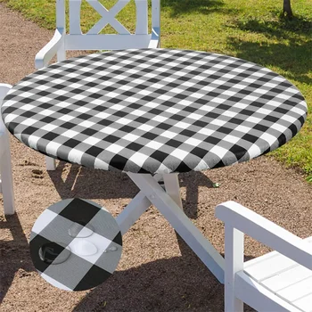 Olanly-Couverture de Table Ronde Ajustée, Nappe en Vinyle artificiel astique, Imperméable, Grille de Table à Manger, Décoration de Maison pour Pique-Nique, Camping en Plein Air 1