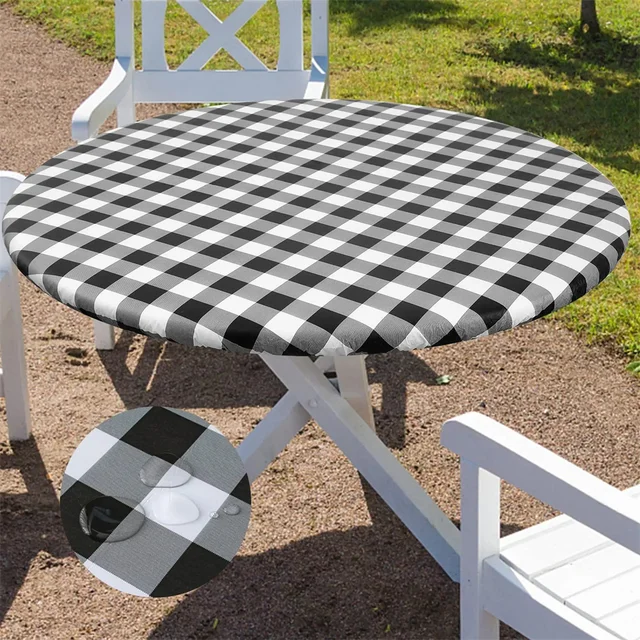 Olanly-Couverture de Table Ronde Ajustée, Nappe en Vinyle artificiel astique, Imperméable, Grille de Table à Manger, Décoration de Maison pour Pique-Nique, Camping en Plein Air 1