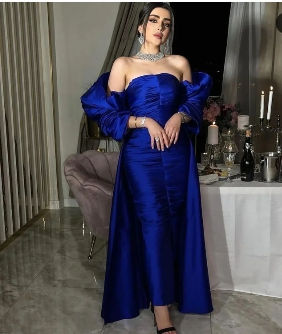 Vintage Long Blue Evening Dresses With Pleats Taffeta  فساتين السهرة Sheath Muslim Floor Length Party Dresses for Women