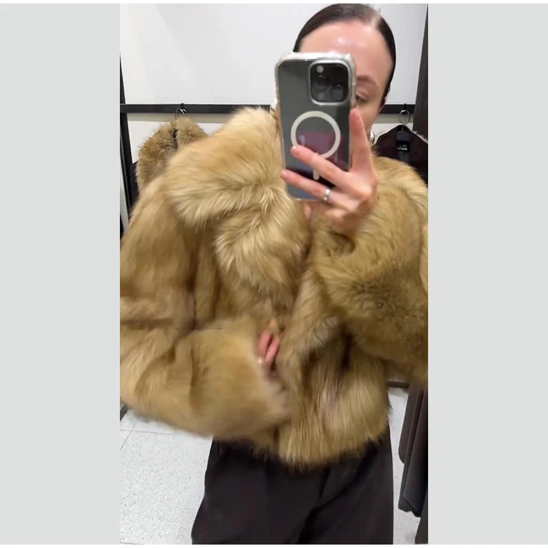 Getäfelter, lockerer Damen-Kunstpelzmantel, Umlegekragen, lange Ärmel, kurze, flauschige Jacke, 2025, Herbst, neue Mode, Dame, Streetwear – Detail 21