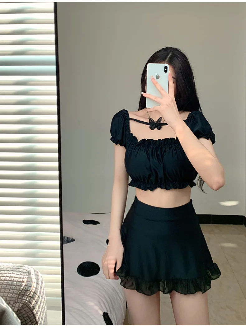 VigoAnne 2023 Black Short Sleeve Swimwear Women Sexy High Waist Skirt Bikini Set Korean Lolita Swimsuit Summer Bathing Suit