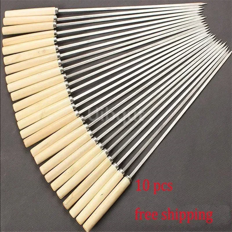 Flat Barbecue Stick BBQ Roasting Needle With Wooden Handle Brochette Tong Kebabe Skewers Stainless Steel Roasting Tools barbecue skewers bbq grilling accessories