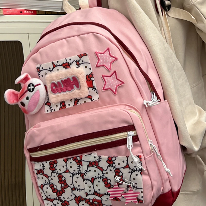 MBTI Cute Hello Kitty Backpack Women Pink Canvas Patchwork Harajuku Casual Backpacks Students Y2k Kawaii Luxury Designer Bags