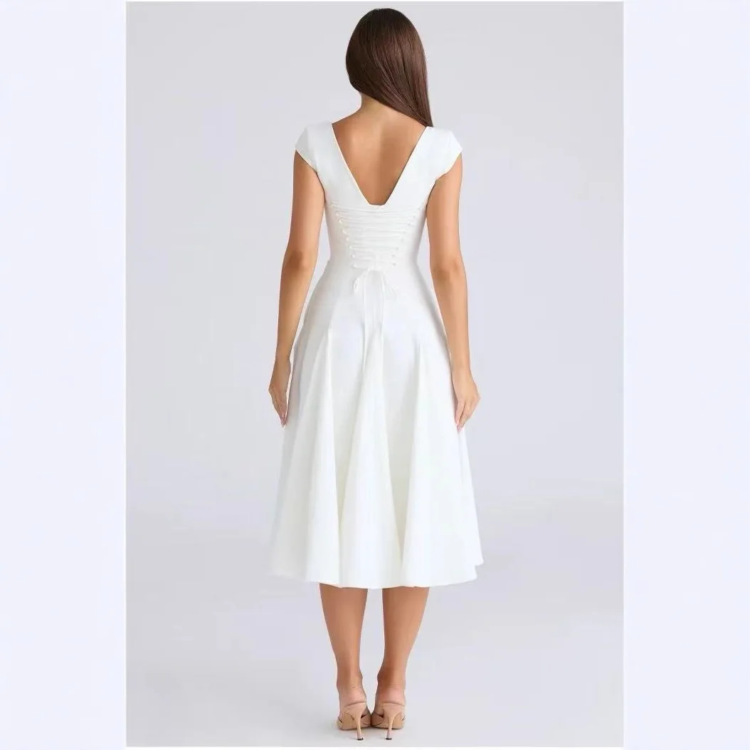 فستان Suninheart أنيق للنساء، أبيض برقبة مربعة وأكمام كيب، فستان مثير من الخلف برباط للحفلات، ملابس النادي